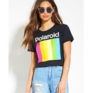 Polaroid Women's Black Tee with Rainbow Graphic. Size S